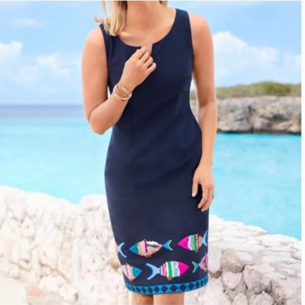 LIKE NEW - Talbots Navy Blue Embroidered Fish Sequined Dress size 4 petite FUN